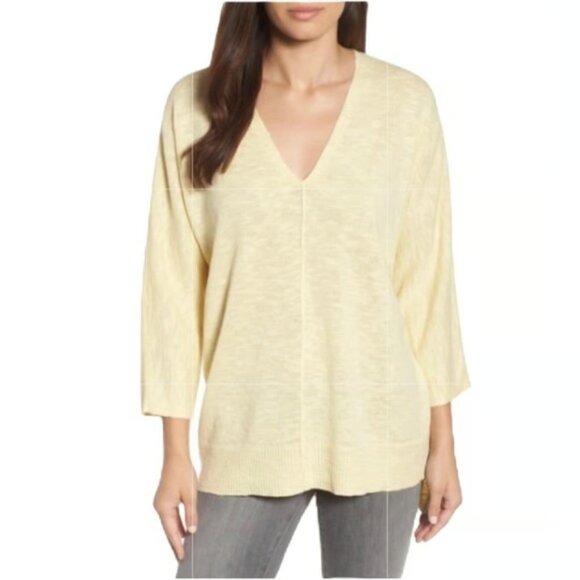 Eileen Fisher Organic Linen Cotton Slub V-Neck Sweater, Yellow, Size M - Picture 1 of 8